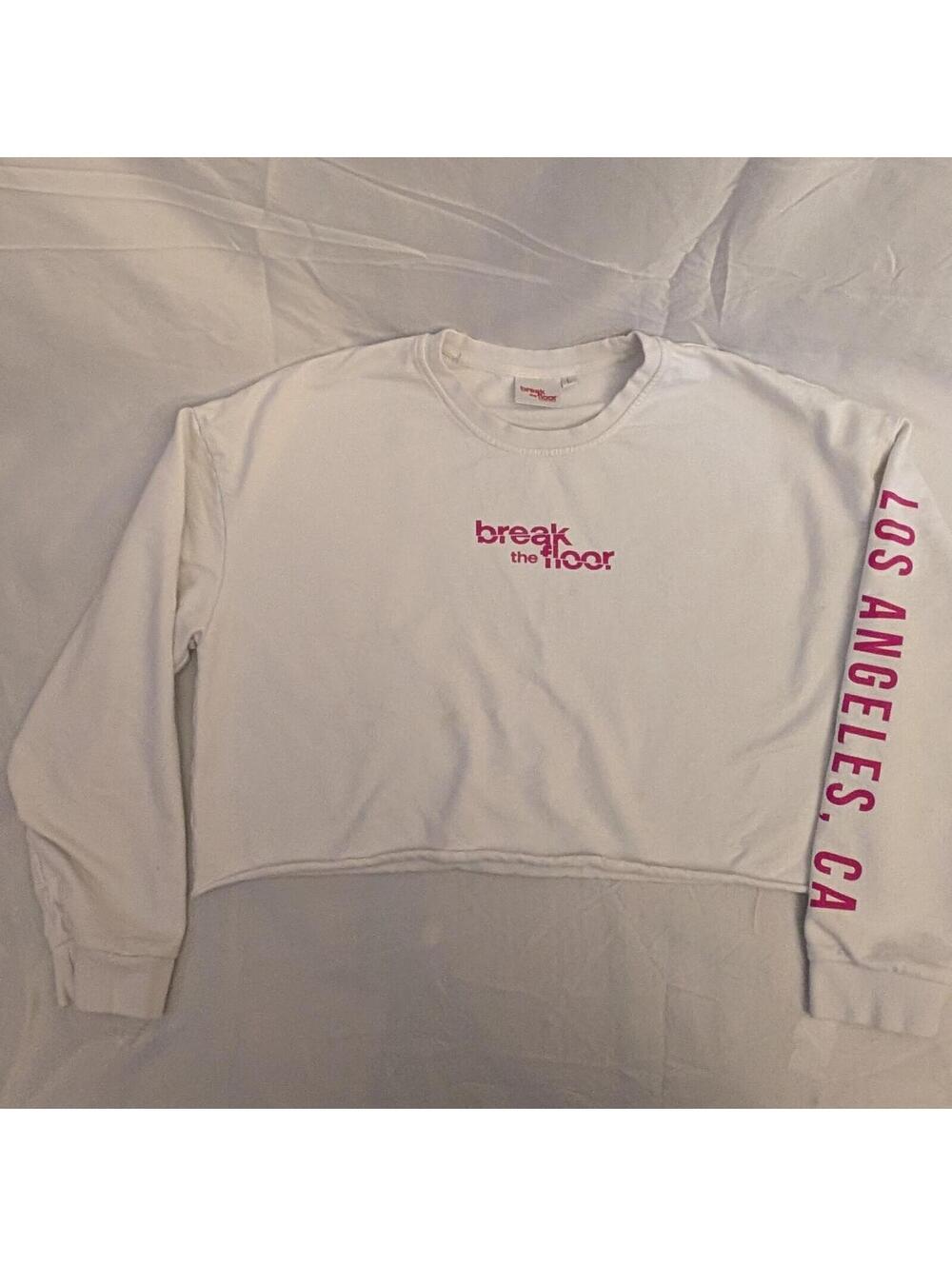 break the floor White Cropped Sweatshirt with Pink Text Size Large